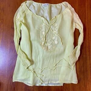 Womens M Top Shirt Light Green Silk Robbie Bee Long Sleeve Embroidered